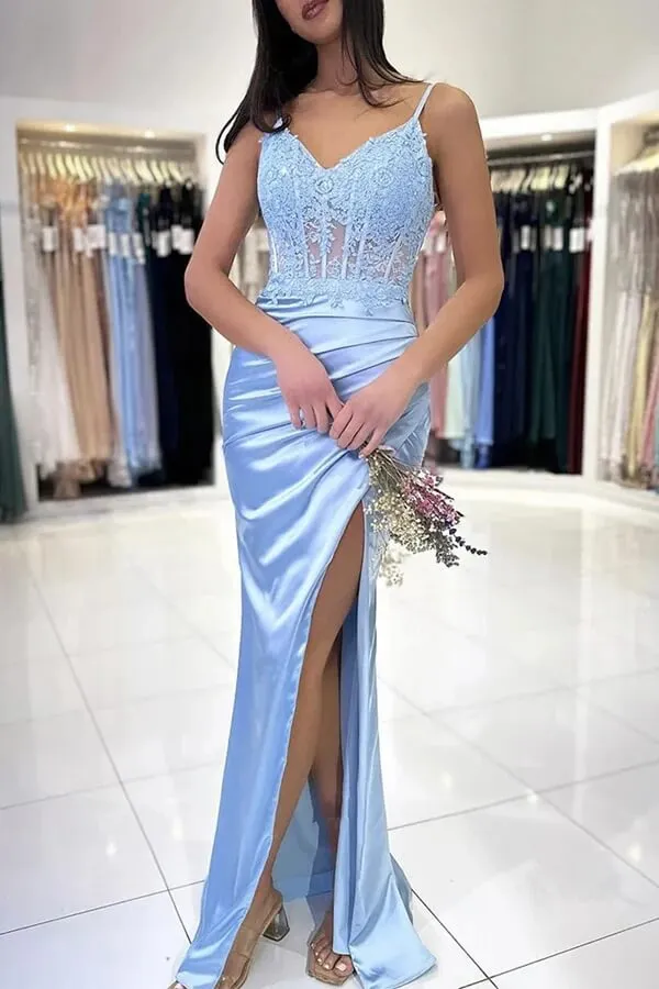 Blue Mermaid Satin V-neck Lace Appliques Long Prom Dresses With Slit, MP946