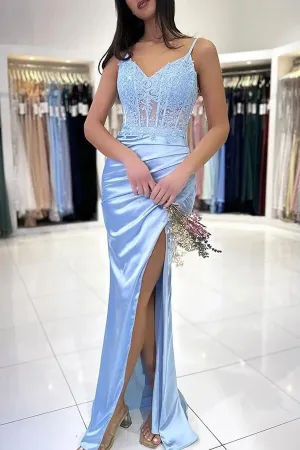 Blue Mermaid Satin V-neck Lace Appliques Long Prom Dresses With Slit, MP946