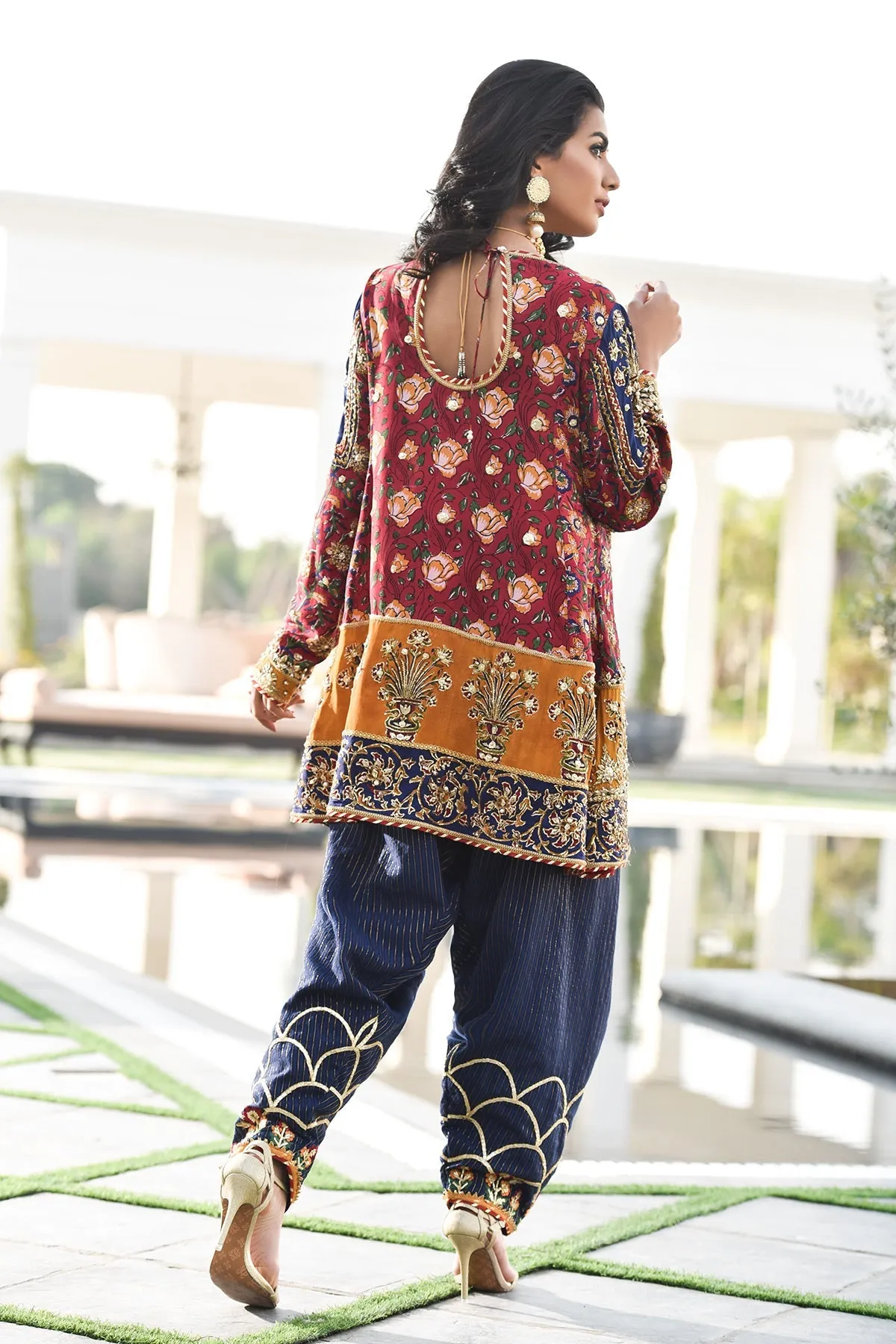 Blue Red Silk Salwar Kameez Pakistani Wedding Dresses