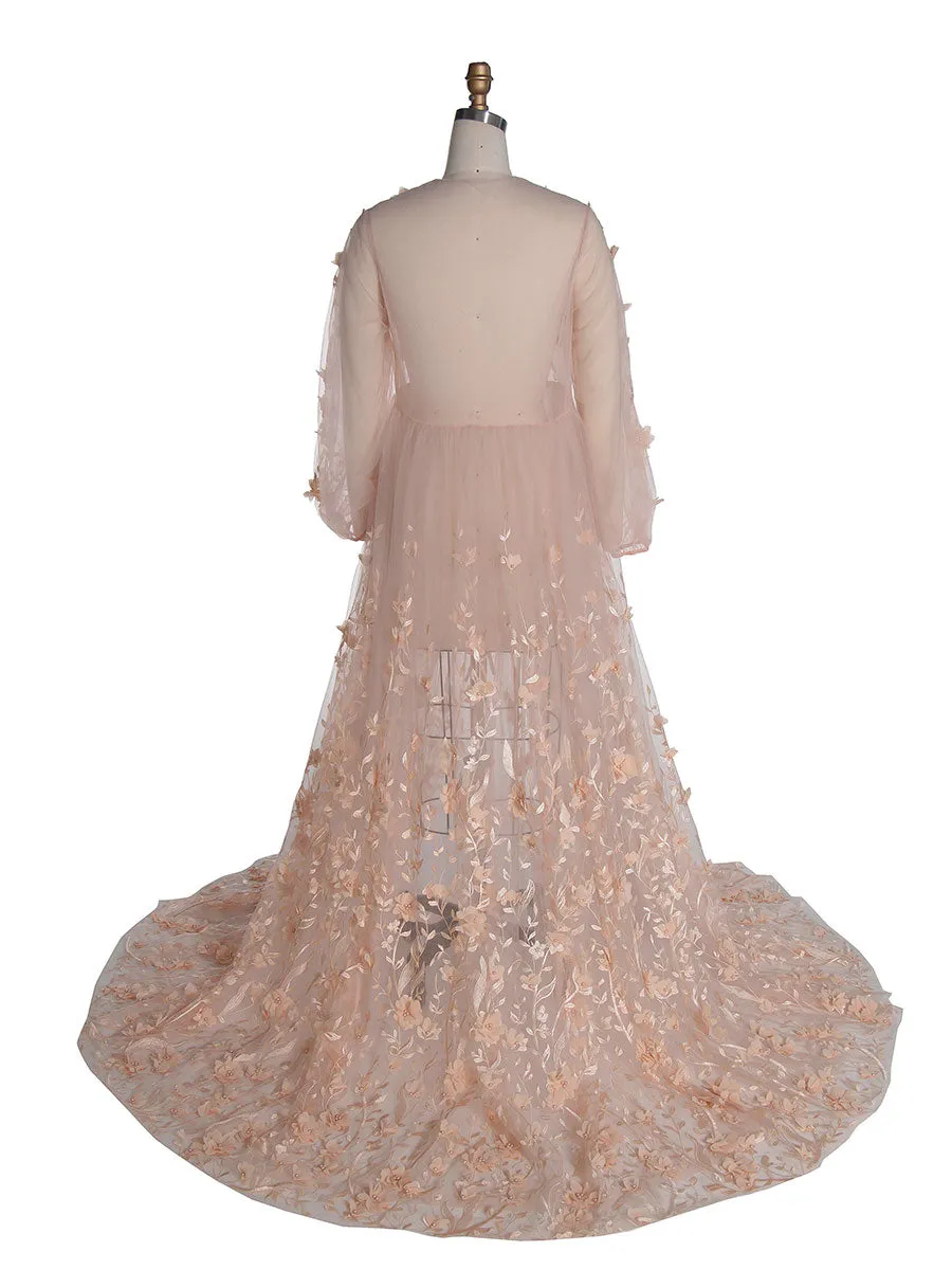 Blush Dress with 3D Floral Lace Boho Sheer Mesh Fairy Maxi Dress Photoshoot Outfit YW240107
