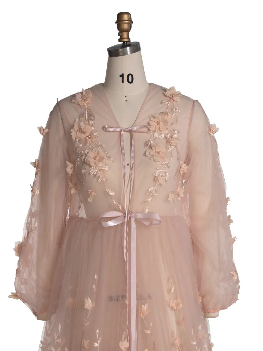 Blush Dress with 3D Floral Lace Boho Sheer Mesh Fairy Maxi Dress Photoshoot Outfit YW240107