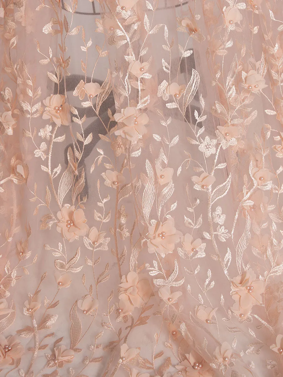 Blush Dress with 3D Floral Lace Boho Sheer Mesh Fairy Maxi Dress Photoshoot Outfit YW240107