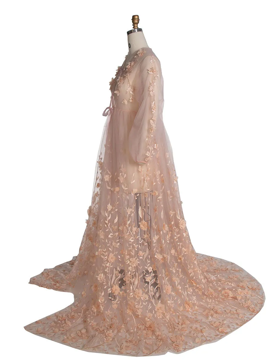 Blush Dress with 3D Floral Lace Boho Sheer Mesh Fairy Maxi Dress Photoshoot Outfit YW240107
