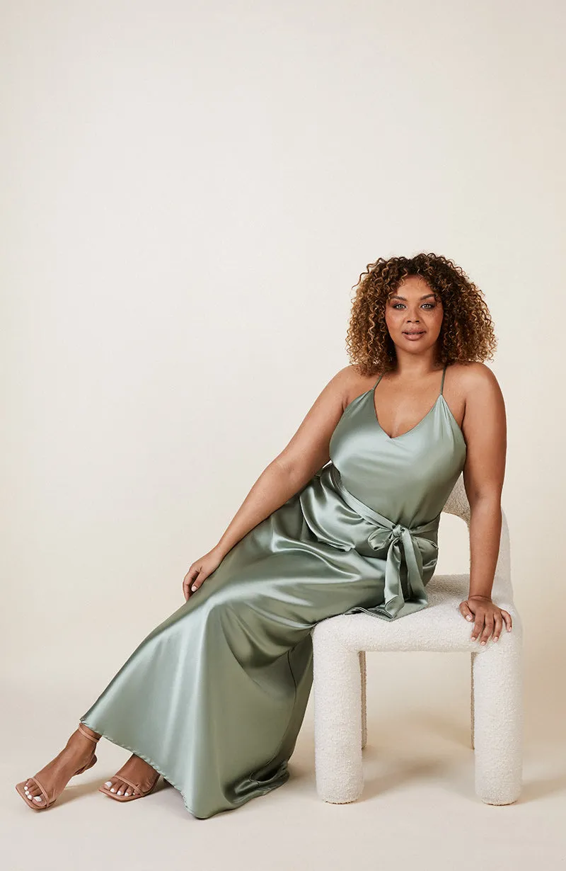Brooklyn Dress in Sage Green Satin