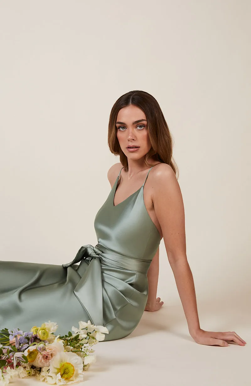 Brooklyn Dress in Sage Green Satin