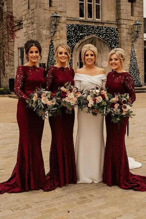 Burgundy Lace Mermaid Long Sleeves Bridesmaid Dresses With Train, BD142