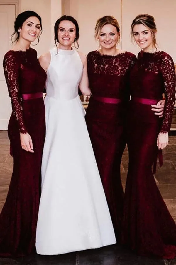 Burgundy Lace Mermaid Long Sleeves Bridesmaid Dresses With Train, BD142