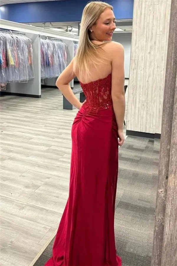 Burgundy Mermaid Strapless Sweetheart Lace Appliques Prom Dresses, MP952