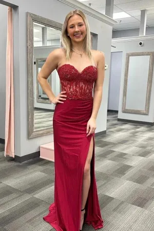 Burgundy Mermaid Strapless Sweetheart Lace Appliques Prom Dresses, MP952