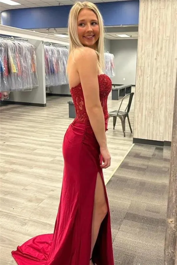Burgundy Mermaid Strapless Sweetheart Lace Appliques Prom Dresses, MP952