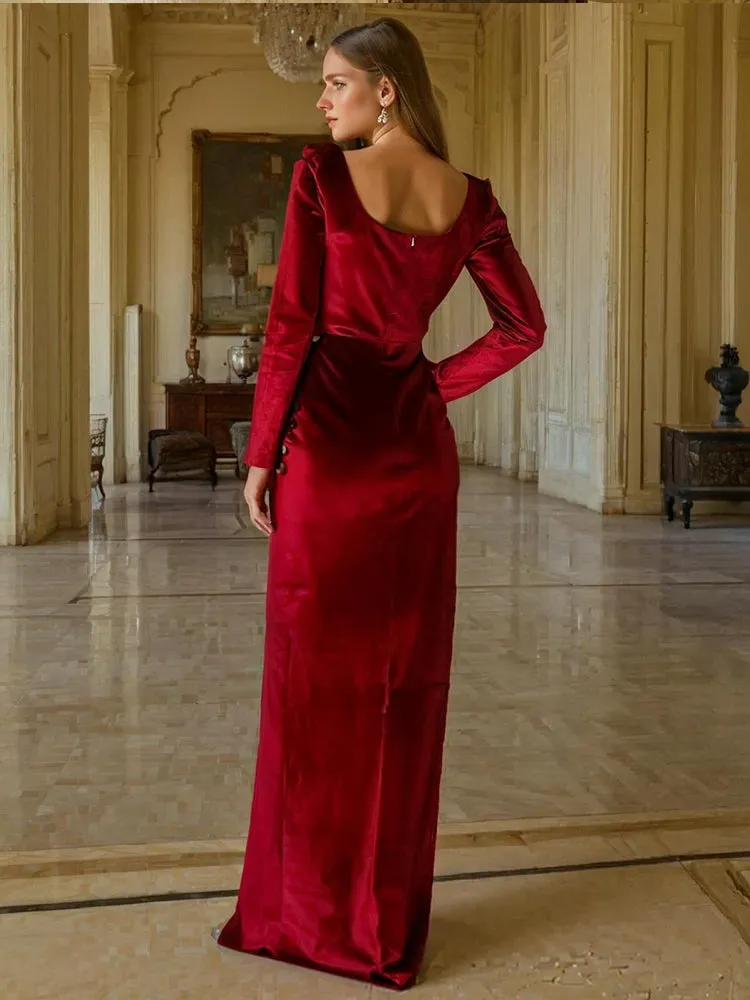 Burgundy Sweetheart Long Sleeves Prom Dress with Slit