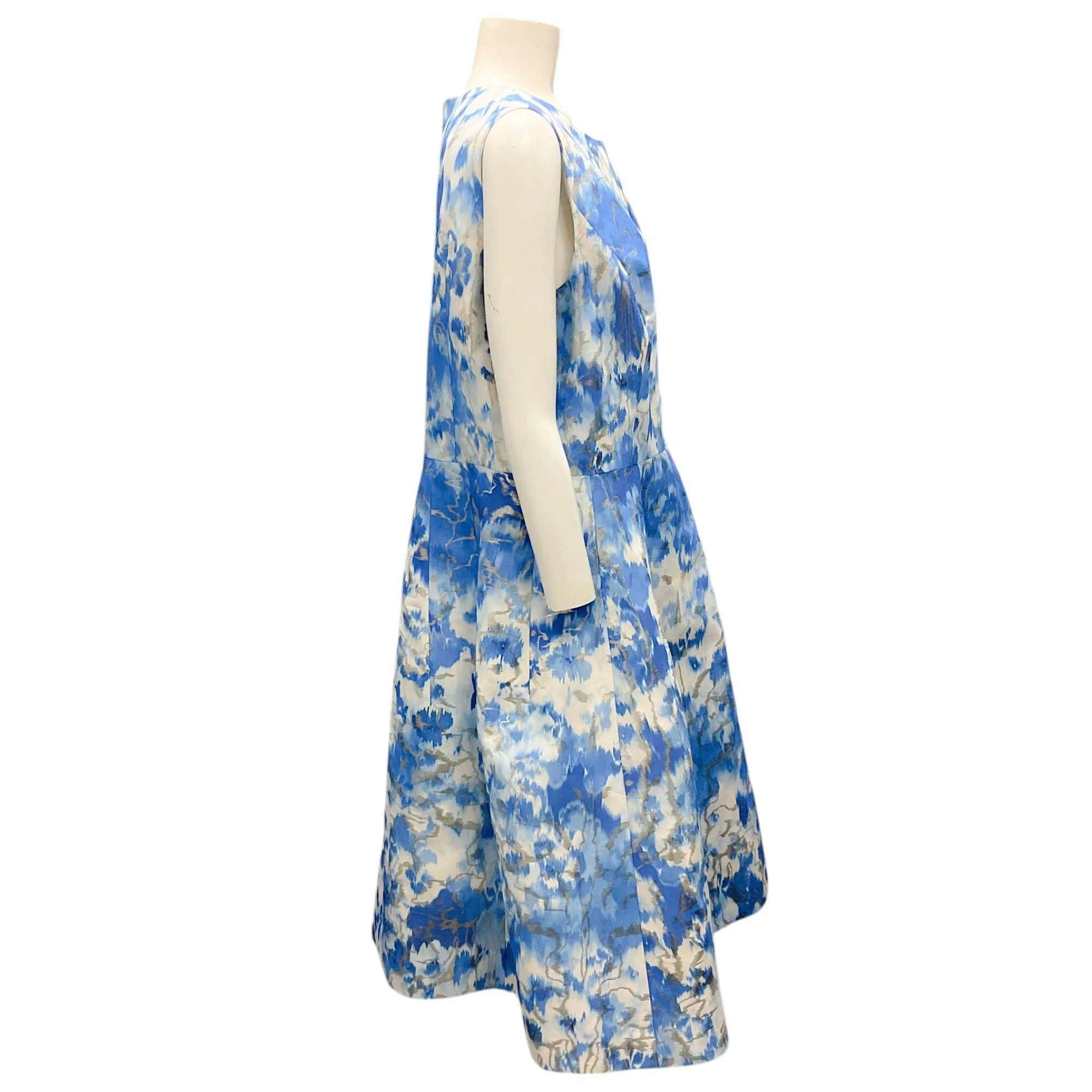 Carolina Herrera Blue / White / Silver Metallic Abstract Floral A-Line Dress