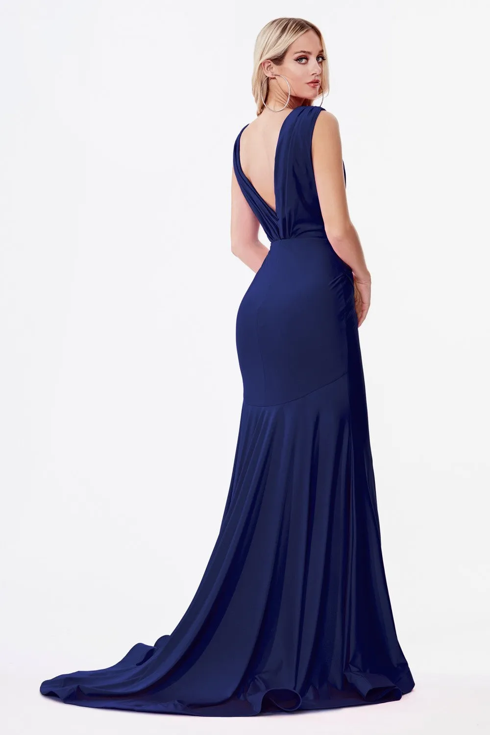 CD CD912 - Jersey Stretch Fit & Flare Evening Gown with a Ruched V-Neck & Waist