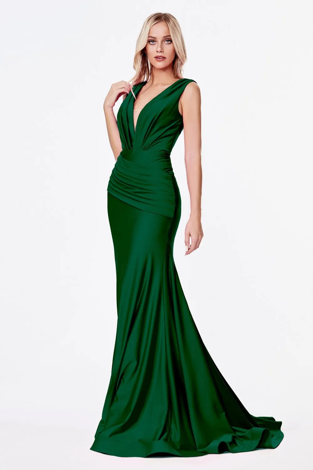 CD CD912 - Jersey Stretch Fit & Flare Evening Gown with a Ruched V-Neck & Waist