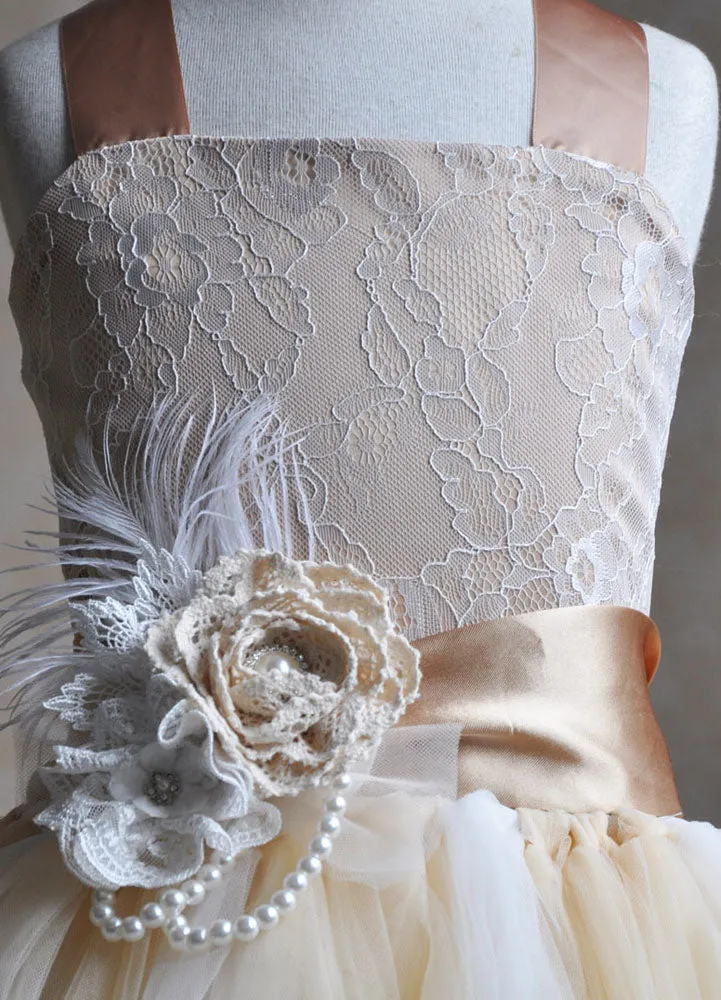 Champagne Tulle Party Dress Straps Flower Sash Kids Pageant flower girl dresses