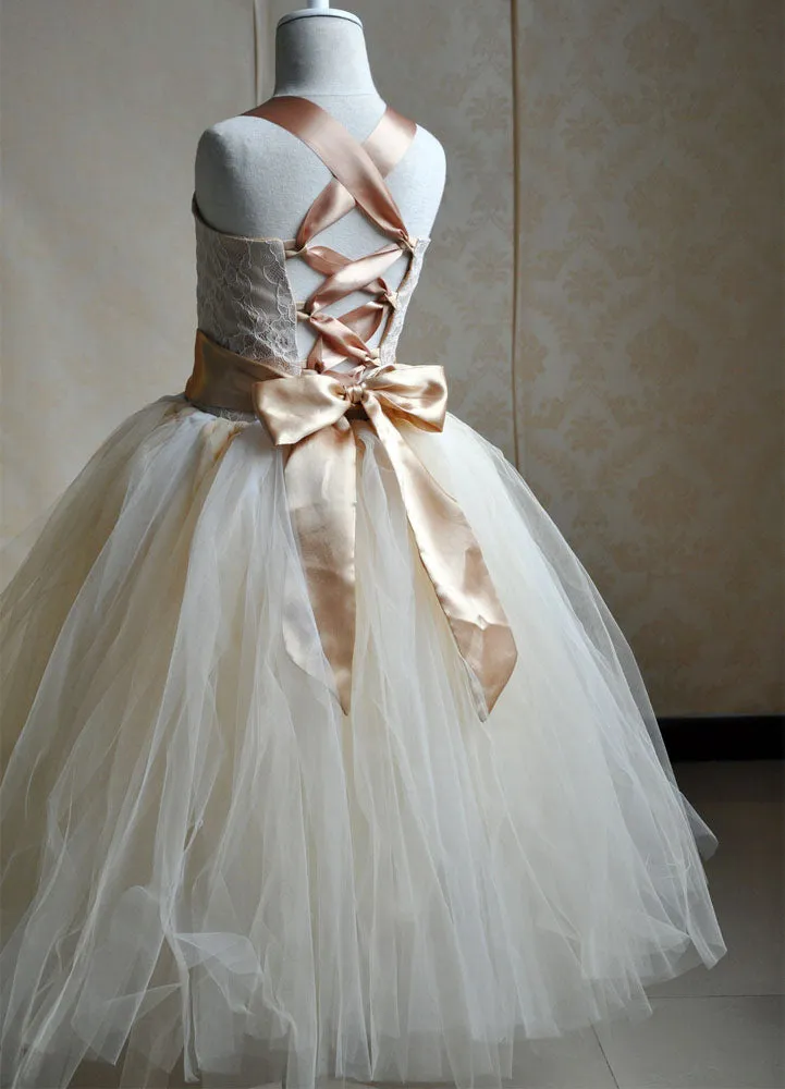 Champagne Tulle Party Dress Straps Flower Sash Kids Pageant flower girl dresses