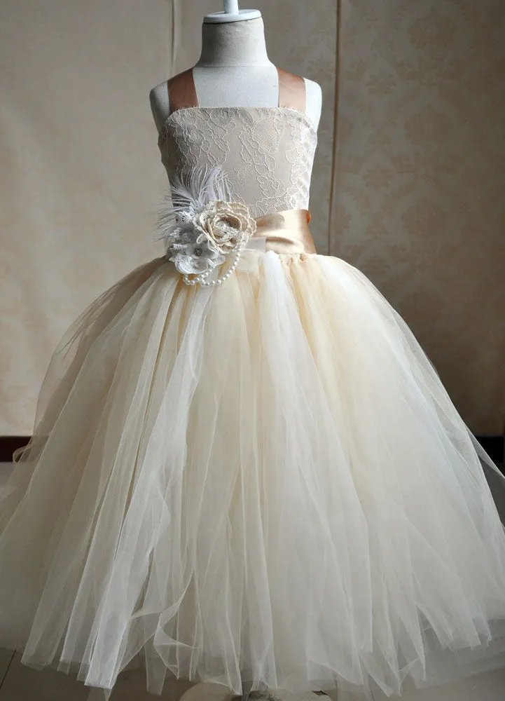 Champagne Tulle Party Dress Straps Flower Sash Kids Pageant flower girl dresses