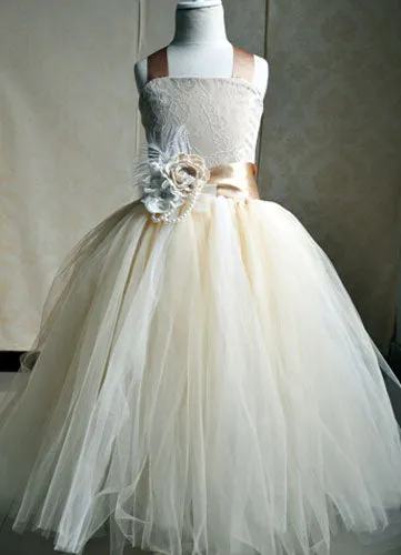 Champagne Tulle Party Dress Straps Flower Sash Kids Pageant flower girl dresses