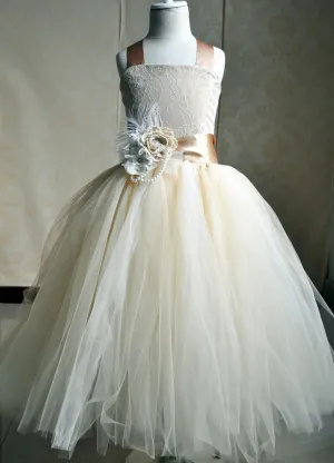 Champagne Tulle Party Dress Straps Flower Sash Kids Pageant flower girl dresses