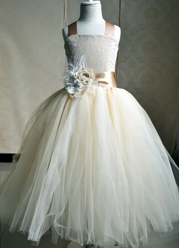Champagne Tulle Party Dress Straps Flower Sash Kids Pageant flower girl dresses
