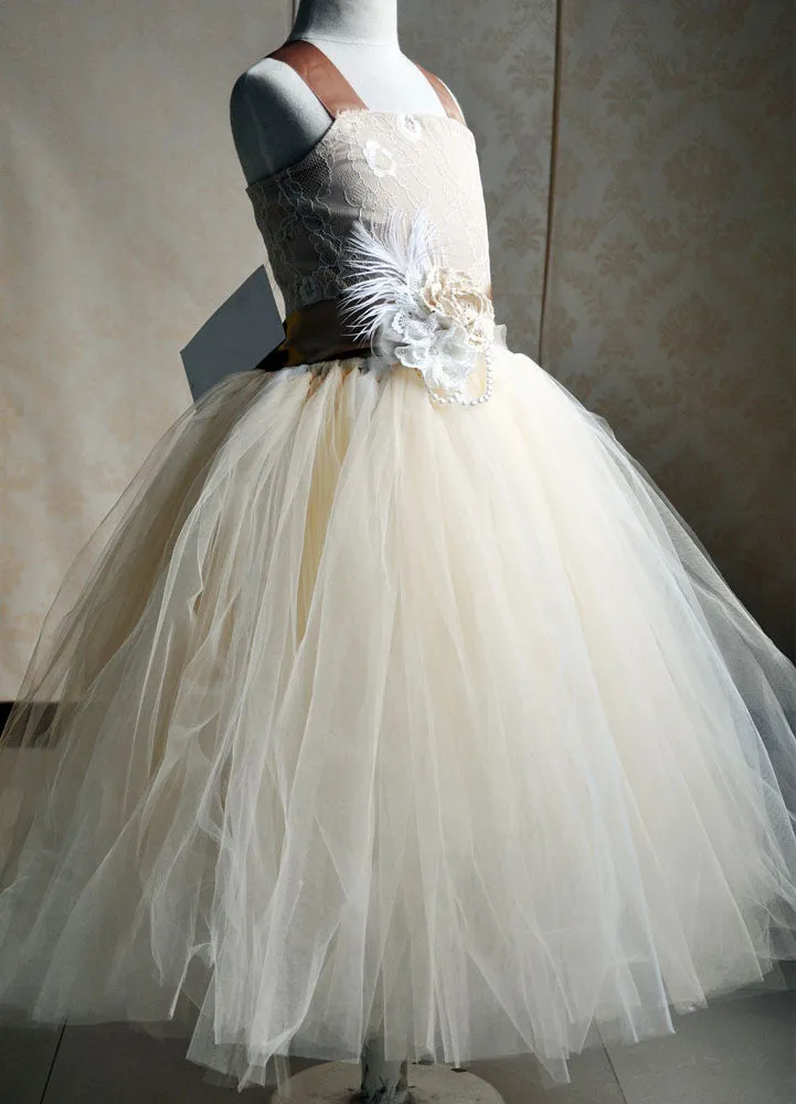 Champagne Tulle Party Dress Straps Flower Sash Kids Pageant flower girl dresses