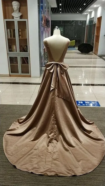 Chapel Train Satin Bridal Dress Bow On Back
