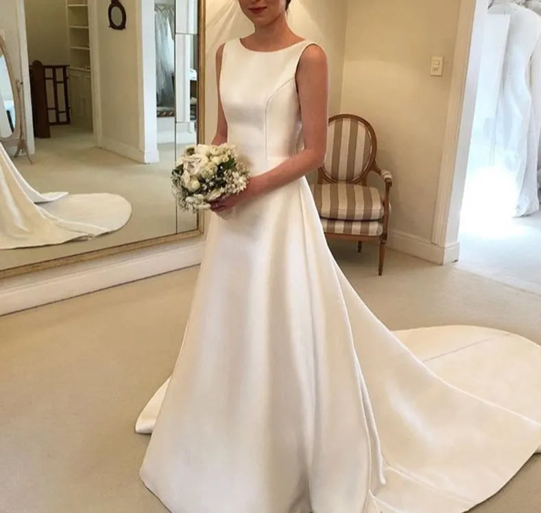 Chapel Train Satin Bridal Dress Bow On Back