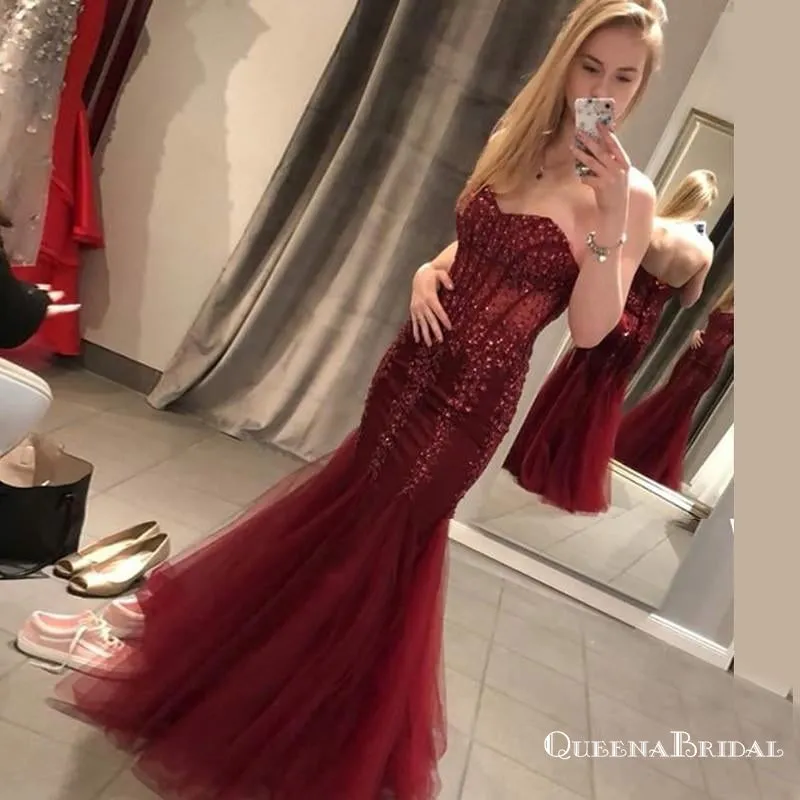 Charming Mermaid Sweetheart Long Burgundy Prom Dresses with Appliques, QB0527