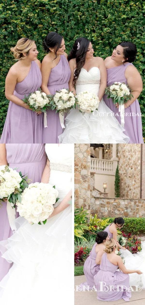Charming One Shoulder Lilac Chiffon A-line Long Floor-Length Cheap Bridesmaid Dresses, BDS0029