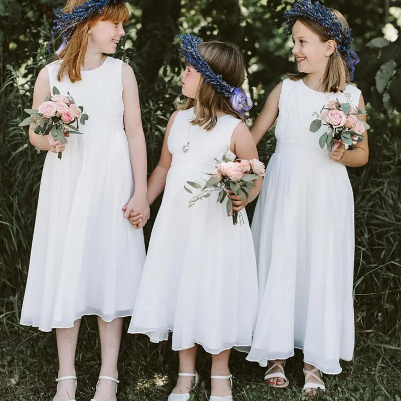 Charming Round Neck Off-White Chiffon A-line Long Cheap Flower Girl Dresses, FGS0002