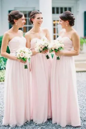 Cheap A Line Sweetheart Floor Length Sleeveless Long Chiffon Bridesmaid Dresses with Ruffles OHS116