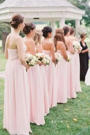 Cheap A Line Sweetheart Floor Length Sleeveless Long Chiffon Bridesmaid Dresses with Ruffles OHS116
