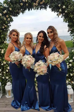 Cheap Custom Blue Mermaid V-neck Long Bridesmaid Dresses,MBD104
