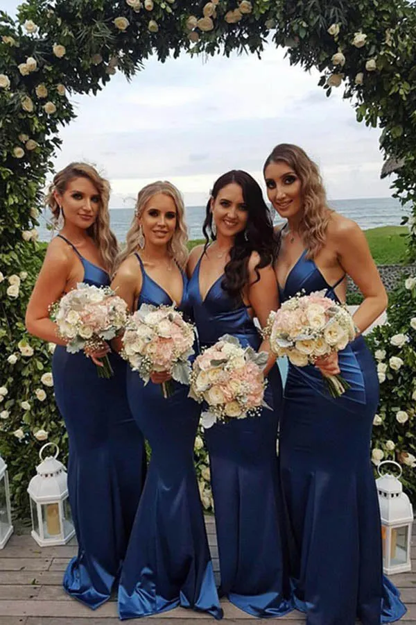 Cheap Custom Blue Mermaid V-neck Long Bridesmaid Dresses,MBD104