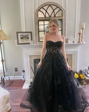 Cheap Lace Black Prom Dresses 2025 Strapless A Line Formal Dress