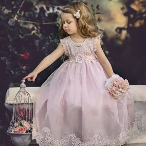 Cheap Pink Tulle Lace Applique Ball Gown Little Long Flower Girl Dresses, QB0005