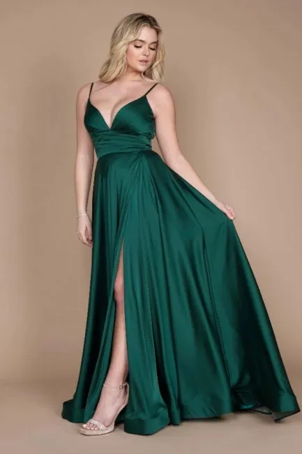 Chic Green Spaghetti-Straps Sleeveless Column Satin Evening Dresses With Ruffles