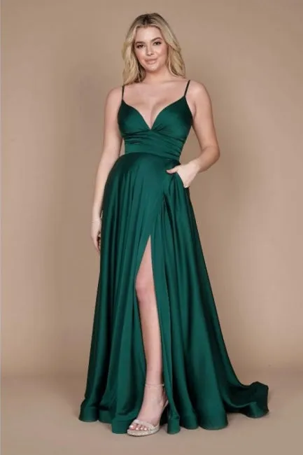 Chic Green Spaghetti-Straps Sleeveless Column Satin Evening Dresses With Ruffles