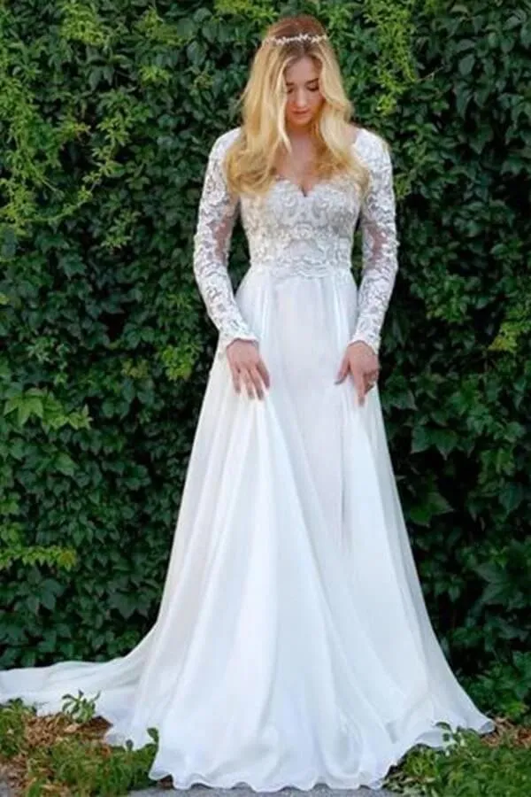 Chiffon A-line V-neck Long Sleeves Lace Appliques Wedding Dresses, MW843