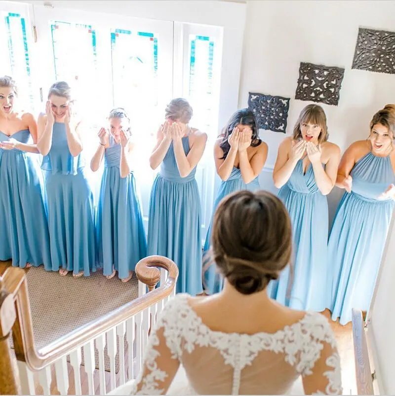 Chiffon Cheap  Modest Mismatched Long Pale Blue Custom Hot Sale High Quality Bridesmaid Dresses, WG272