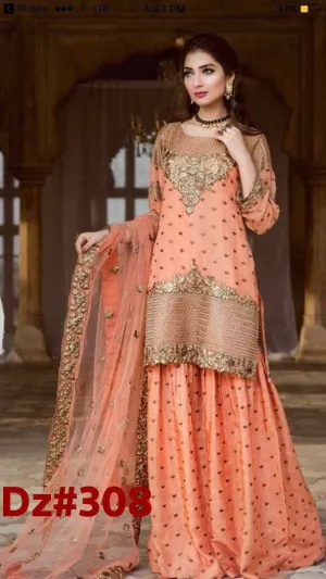 Chiffon dress by emb royal with zari and Dhaka work on peach color Model # Eid 501