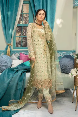 Chiffon embroidered Pakistani eid dress for girls in olive green color # P2474