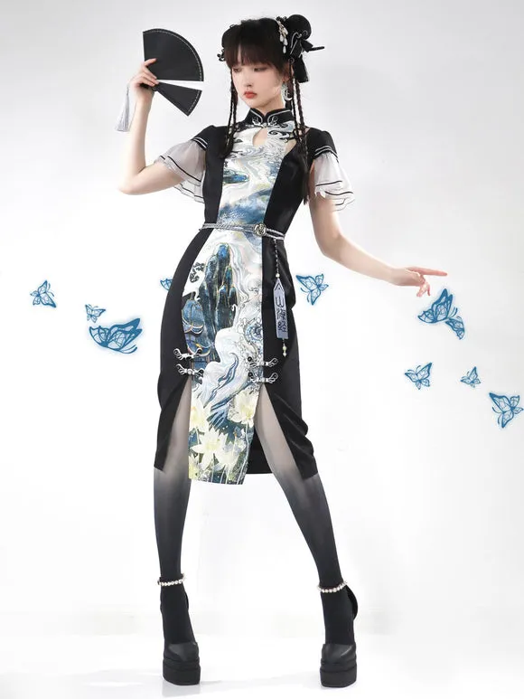 Chinese Style Lolita Dress Lace Up Short Sleeves Polyester Chinese Style Ink Art Black Chinese Style Lolita
