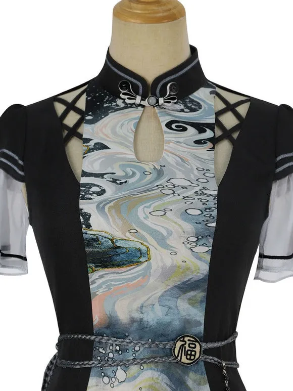 Chinese Style Lolita Dress Lace Up Short Sleeves Polyester Chinese Style Ink Art Black Chinese Style Lolita
