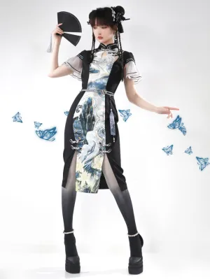 Chinese Style Lolita Dress Lace Up Short Sleeves Polyester Chinese Style Ink Art Black Chinese Style Lolita