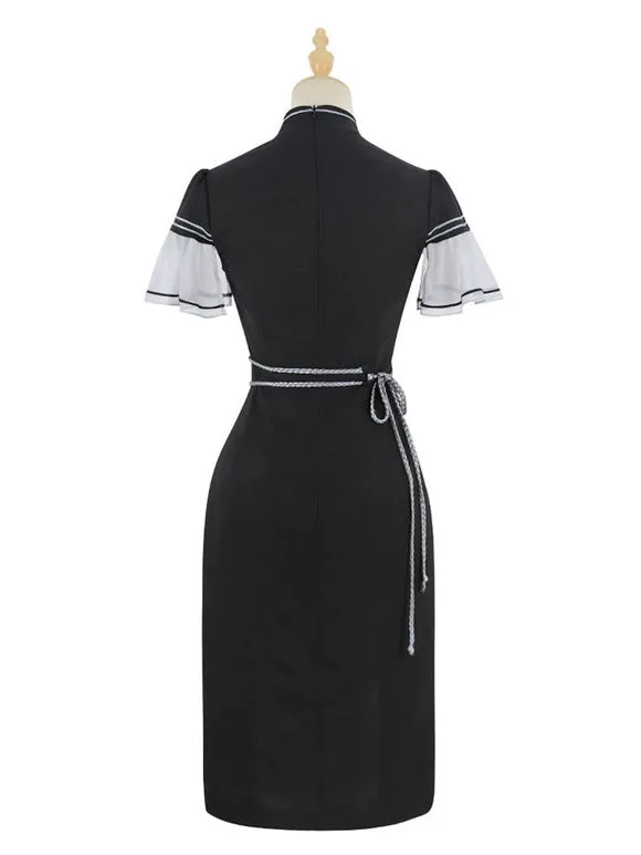 Chinese Style Lolita Dress Lace Up Short Sleeves Polyester Chinese Style Ink Art Black Chinese Style Lolita