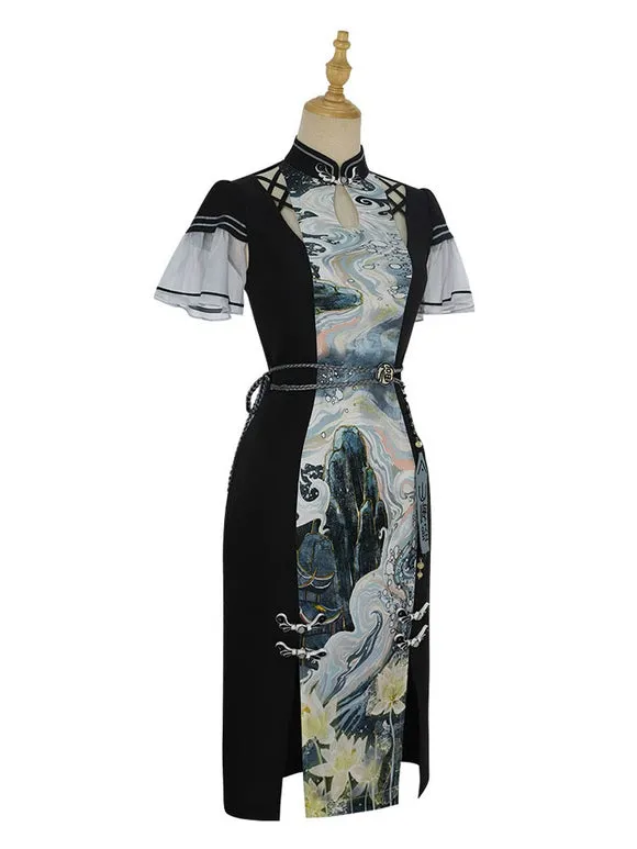 Chinese Style Lolita Dress Lace Up Short Sleeves Polyester Chinese Style Ink Art Black Chinese Style Lolita