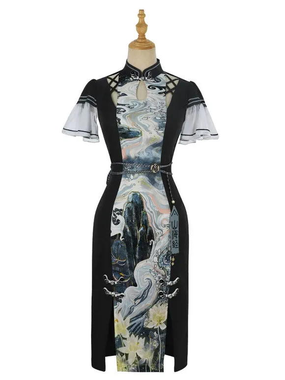 Chinese Style Lolita Dress Lace Up Short Sleeves Polyester Chinese Style Ink Art Black Chinese Style Lolita