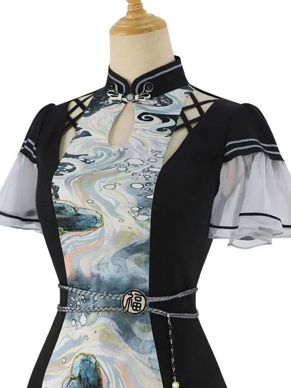 Chinese Style Lolita Dress Lace Up Short Sleeves Polyester Chinese Style Ink Art Black Chinese Style Lolita