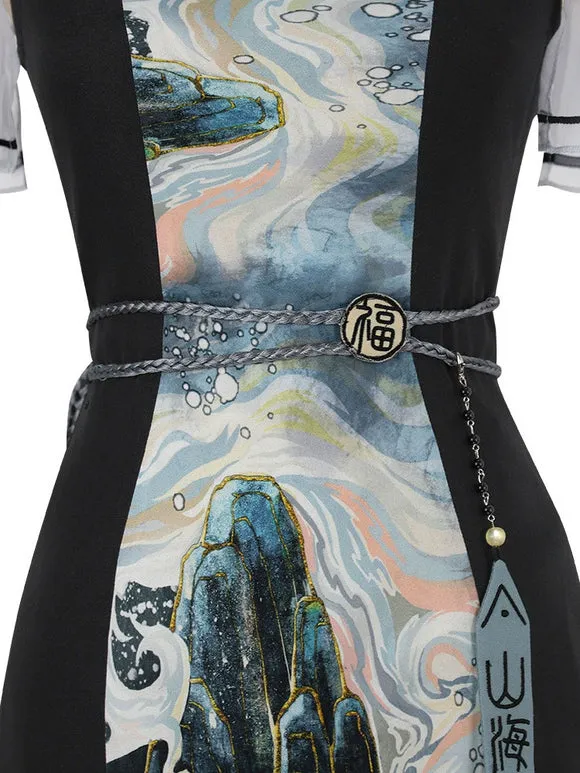 Chinese Style Lolita Dress Lace Up Short Sleeves Polyester Chinese Style Ink Art Black Chinese Style Lolita
